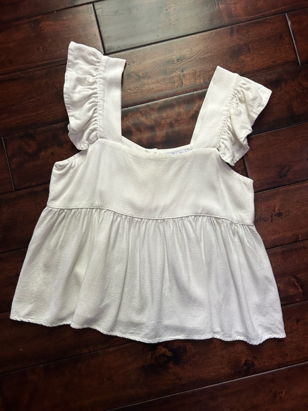 Miou Muse - Linen/Cotton Women's White Ruffled Sleeve Babydoll Top
